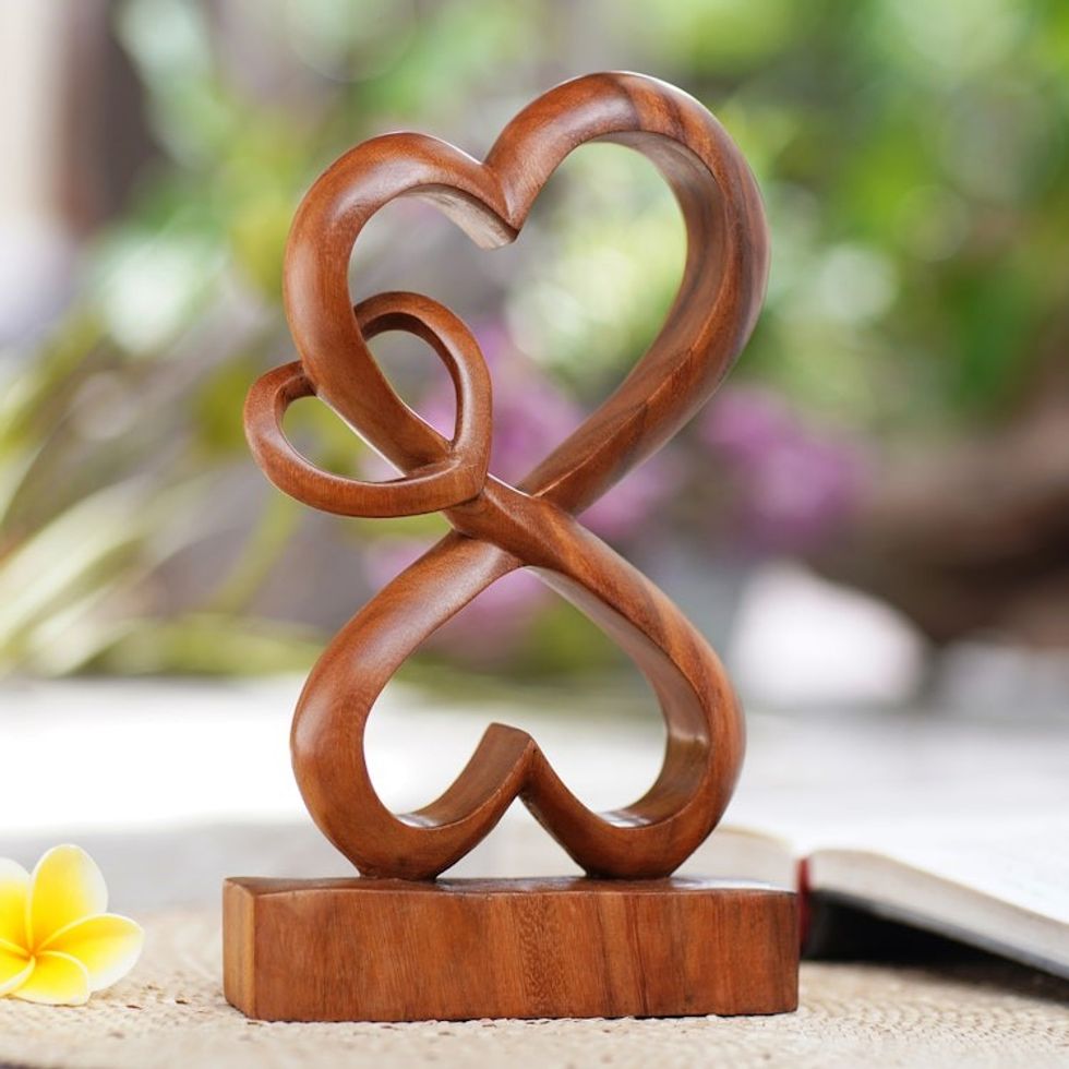 Handmade Heart Shaped Wood Sculpture 'Love Blossoms'