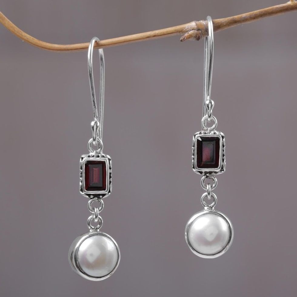 Pearl and Garnet Sterling Silver Earrings 'Pure Passion'