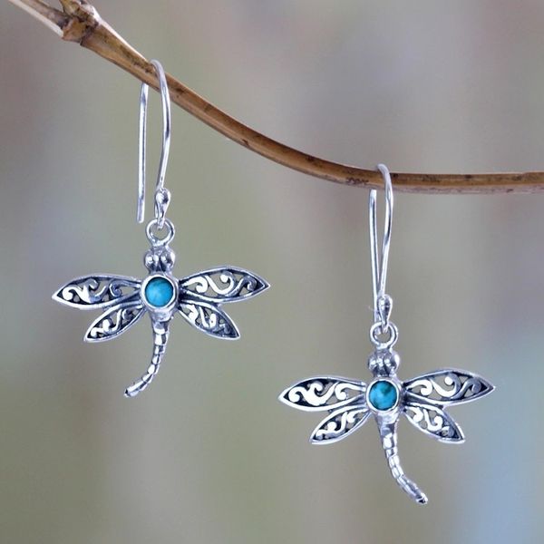 Alternate image for Reconstituted Turquoise and Silver Earrings Enchanted Dragonfly