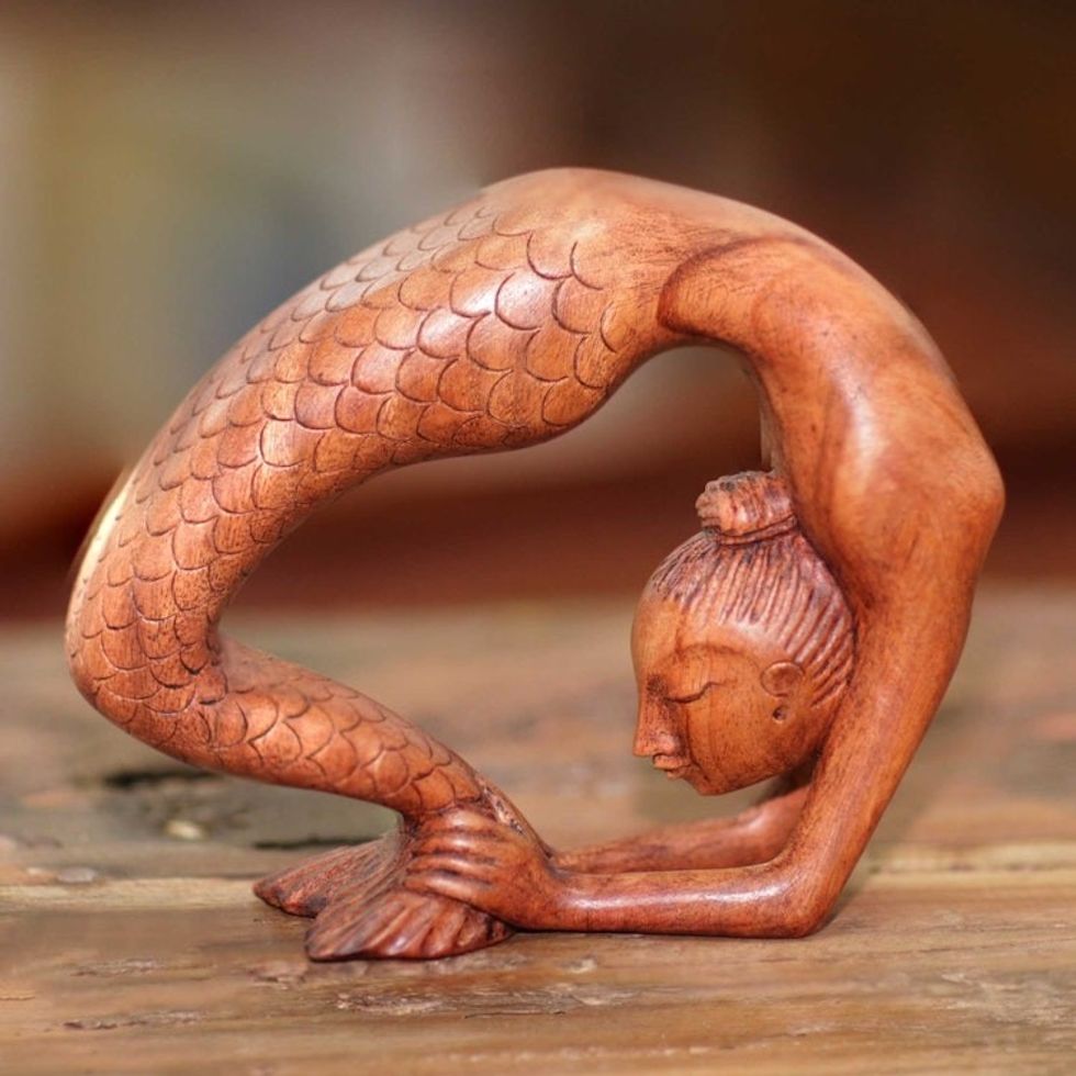 Signed Mermaid Wood Sculpture from Bali 'Setu Bandha Sirsasana Mermaid'
