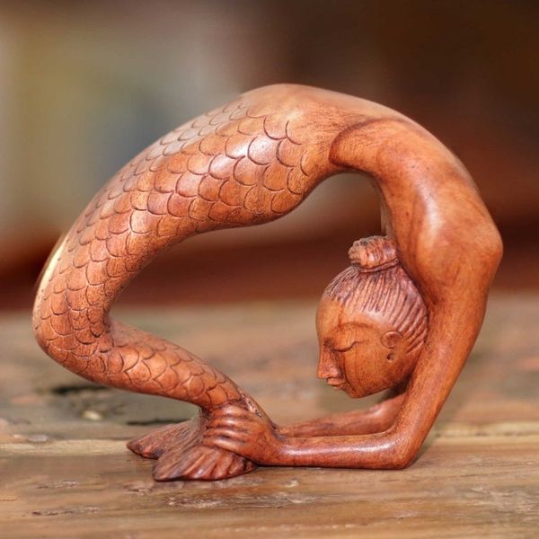 Alternate image for Signed Mermaid Wood Sculpture from Bali Setu Bandha Sirsasana Mermaid