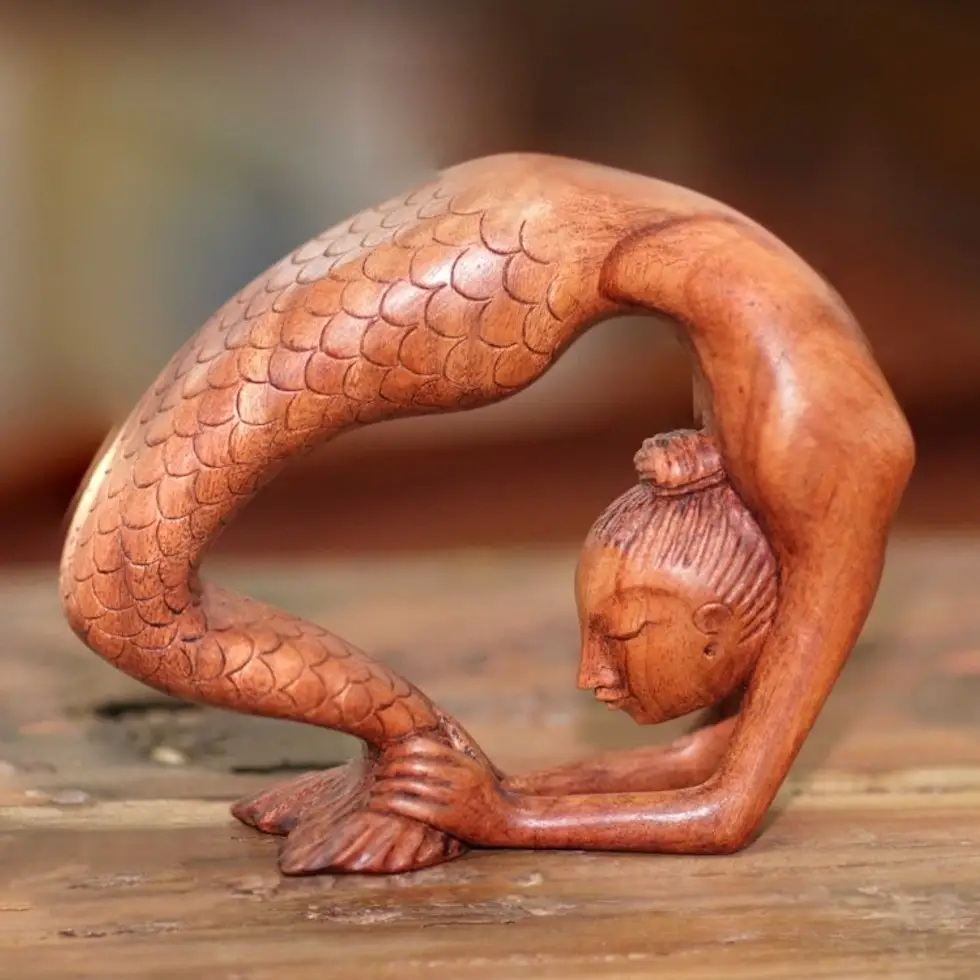 Signed Mermaid Wood Sculpture from Bali 'Setu Bandha Sirsasana Mermaid'