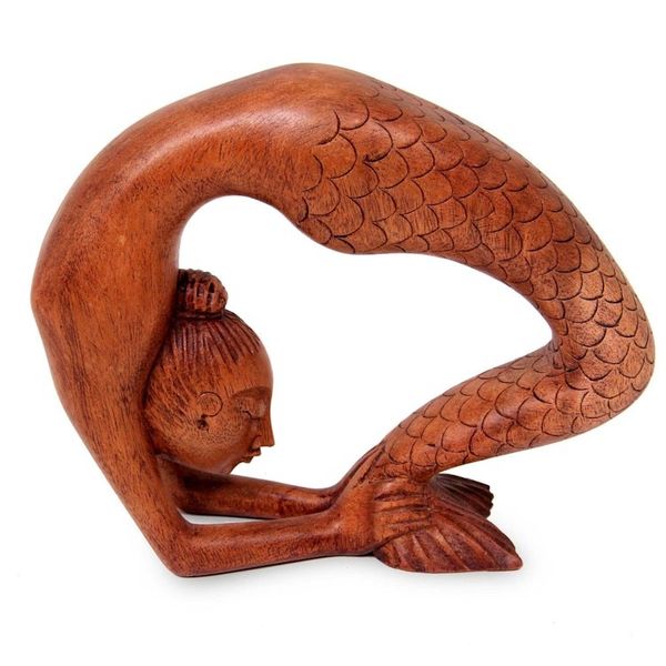 Alternate image for Signed Mermaid Wood Sculpture from Bali Setu Bandha Sirsasana Mermaid