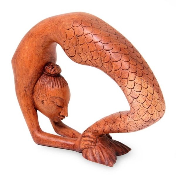 Alternate image for Signed Mermaid Wood Sculpture from Bali Setu Bandha Sirsasana Mermaid