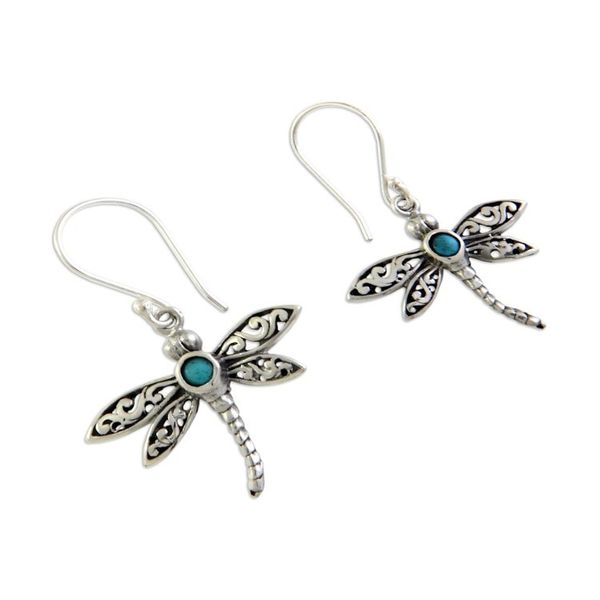 Alternate image for Reconstituted Turquoise and Silver Earrings Enchanted Dragonfly