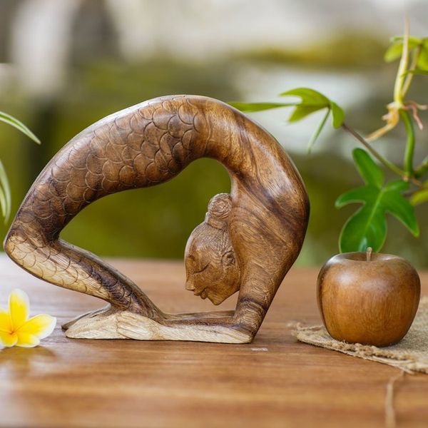 Alternate image for Signed Mermaid Wood Sculpture from Bali Setu Bandha Sirsasana Mermaid