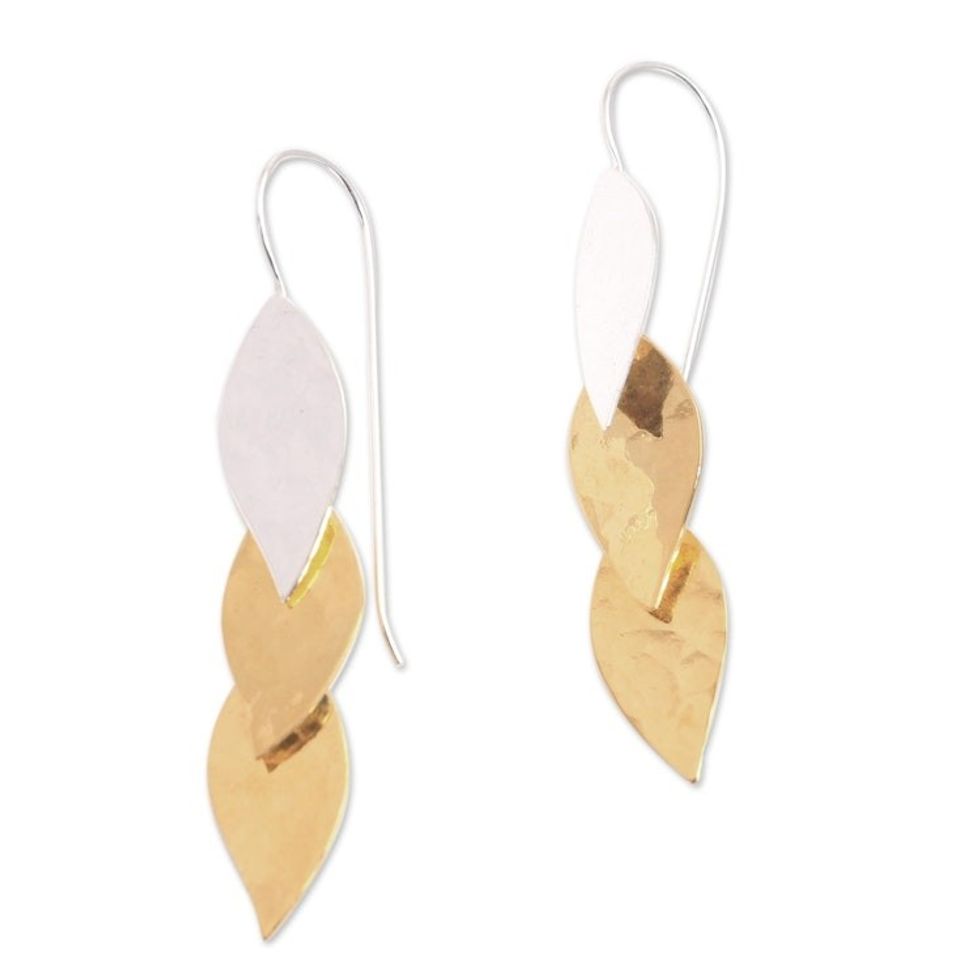 Modern Gold Accent Sterling Silver Dangle Earrings from Bali 'Fall Gold'