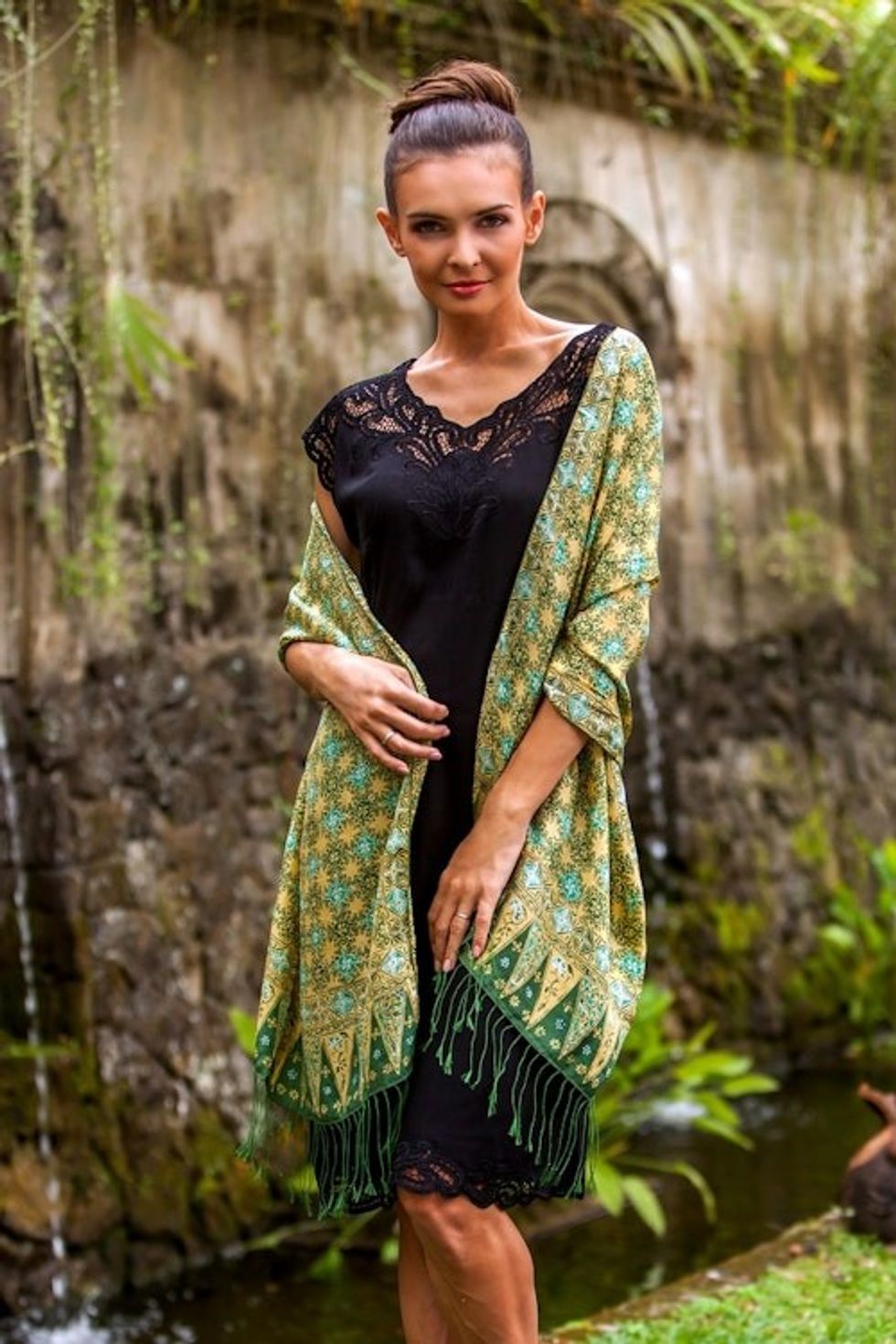 Green Batik Handstamped 100 Silk Shawl 'Star Truntum'