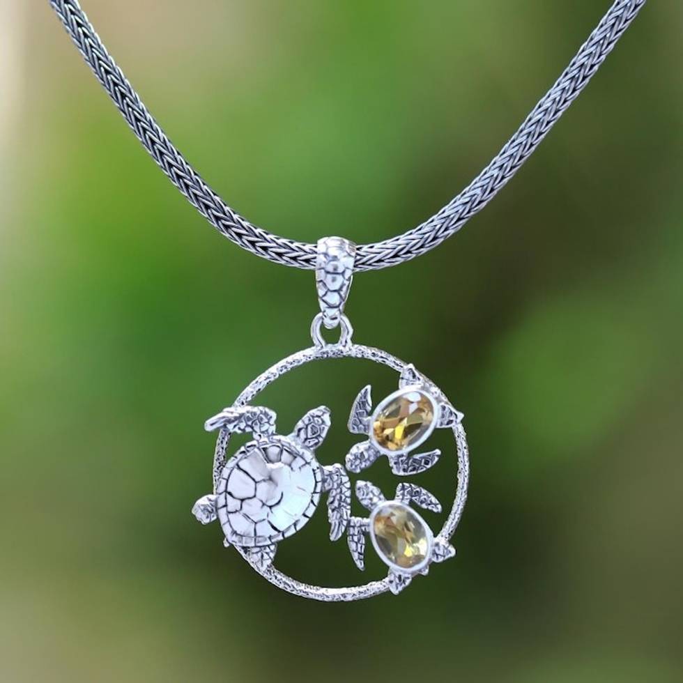 Citrine Sea Turtle Pendant Necklace from Bali 'Sea Turtle Family'