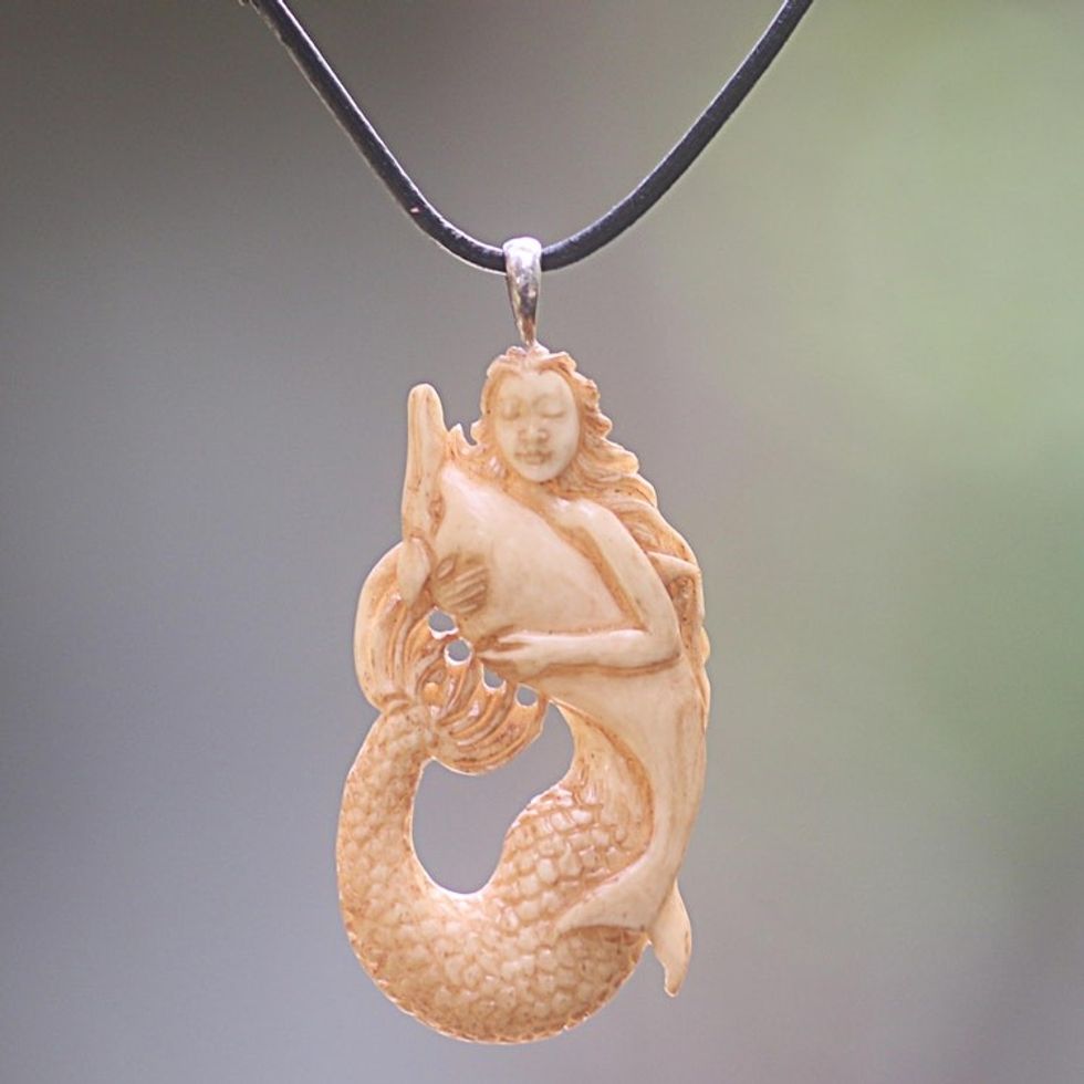 Hand Made Bone Pendant Necklace Mermaid Dolphin Indonesia 'Mermaid and Dolphin'