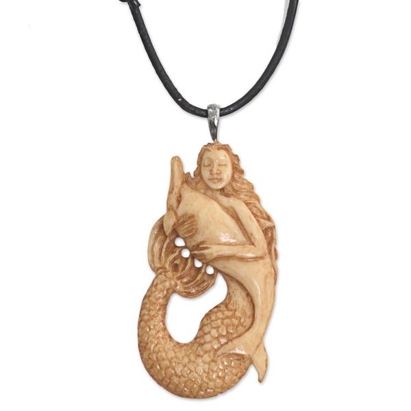 Alternate image for Hand Made Bone Pendant Necklace Mermaid Dolphin Indonesia Mermaid and Dolphin