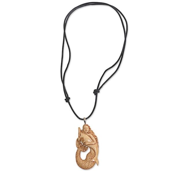 Alternate image for Hand Made Bone Pendant Necklace Mermaid Dolphin Indonesia Mermaid and Dolphin