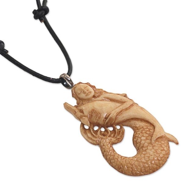 Alternate image for Hand Made Bone Pendant Necklace Mermaid Dolphin Indonesia Mermaid and Dolphin