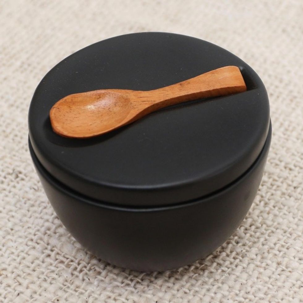 Divided Ceramic Condiment Bowl with Teak Spoon 3 Pcs 'Midnight Meal'