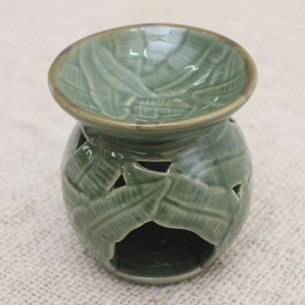 Tropical Theme Green Ceramic Oil Warmer from Bali 'Coconut Leaves'