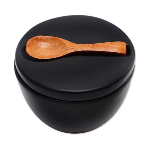 Alternate image for Divided Ceramic Condiment Bowl with Teak Spoon 3 Pcs Midnight Meal