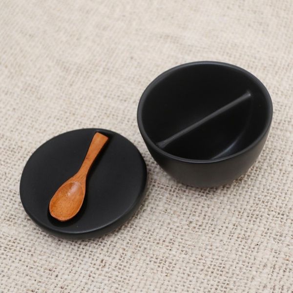 Alternate image for Divided Ceramic Condiment Bowl with Teak Spoon 3 Pcs Midnight Meal