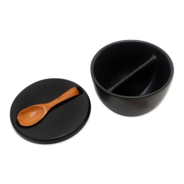 Alternate image for Divided Ceramic Condiment Bowl with Teak Spoon 3 Pcs Midnight Meal