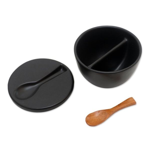 Alternate image for Divided Ceramic Condiment Bowl with Teak Spoon 3 Pcs Midnight Meal