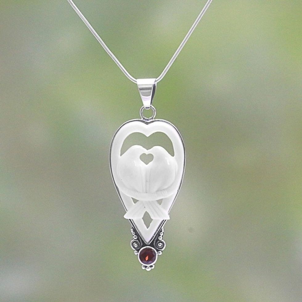 Garnet and Bone Dove Pendant Necklace from Bali 'Dove Couple'