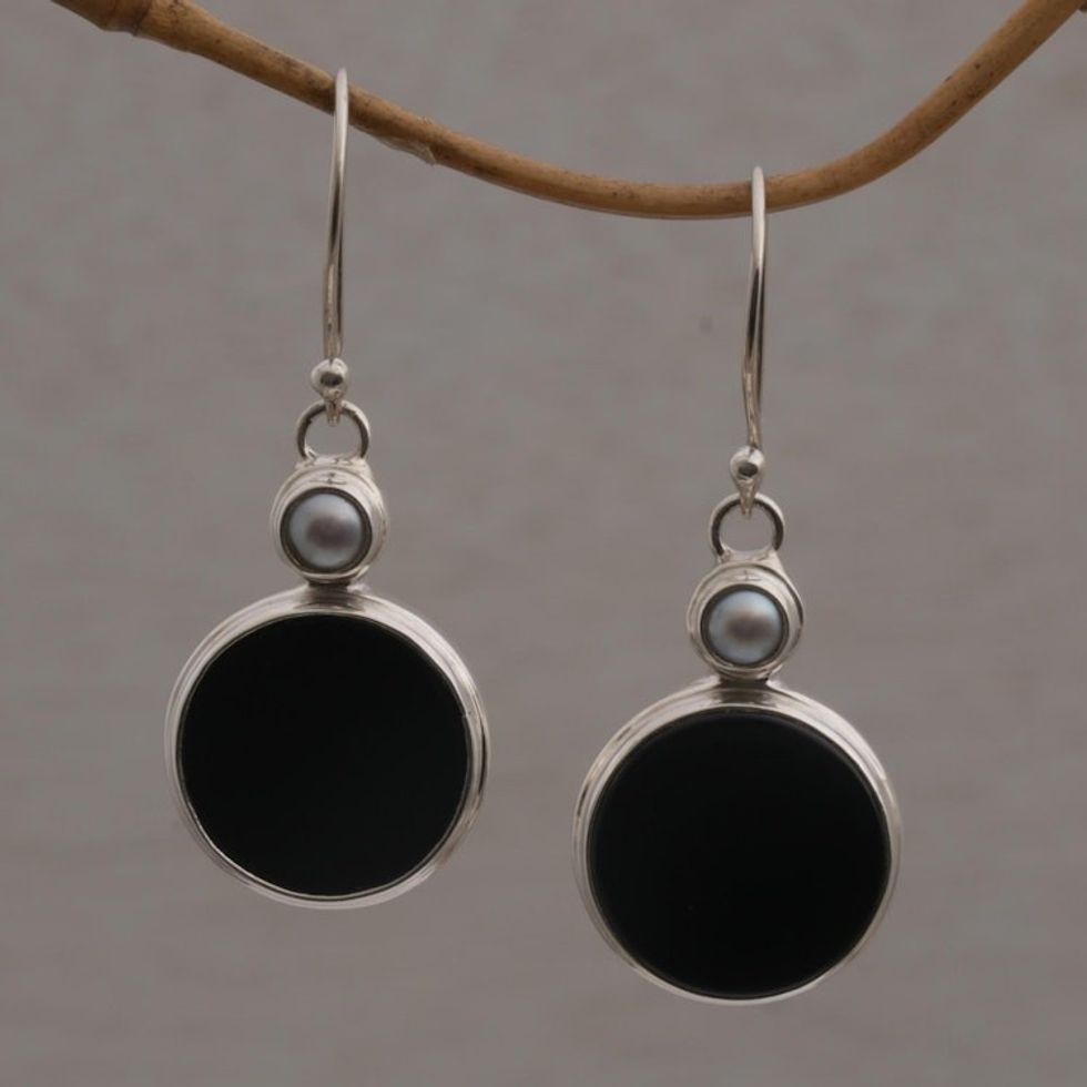 Onyx and Cultured Pearl Circular Dangle Earrings form Bali 'Light and Dark Circles'
