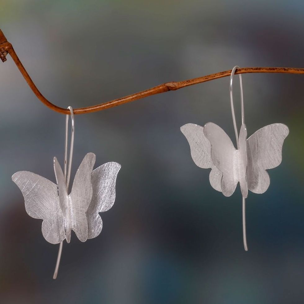 Brushed Sterling Silver Butterfly Drop Style Earrings 'Silver Butterfly'