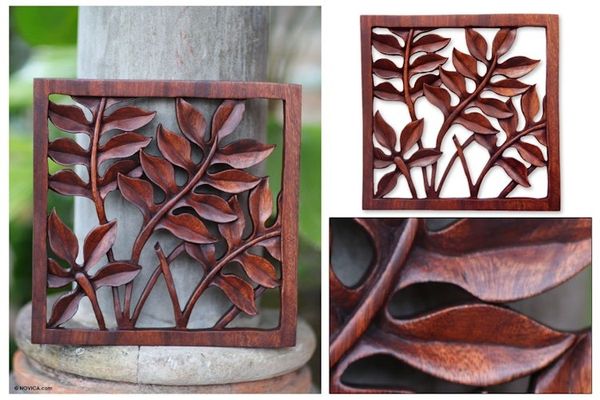 Alternate image for Hand Crafted Wood Relief Panel Melinjo Leaves