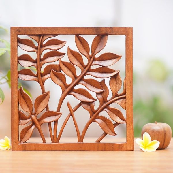Alternate image for Hand Crafted Wood Relief Panel Melinjo Leaves