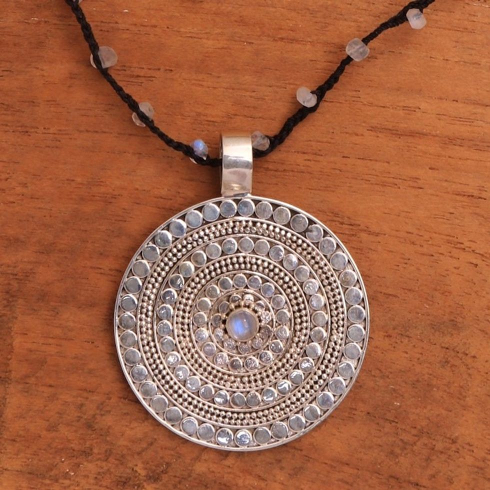 Rainbow Moonstone Beaded Pendant Necklace from Bali 'Pebble Shield'