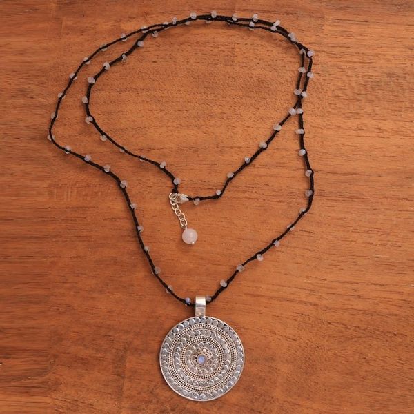 Alternate image for Rainbow Moonstone Beaded Pendant Necklace from Bali Pebble Shield