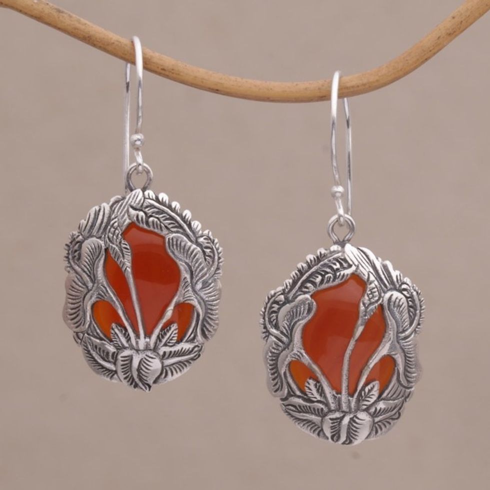 Carnelian and 925 Silver Floral Dangle Earrings from Bali 'Floral Plains'