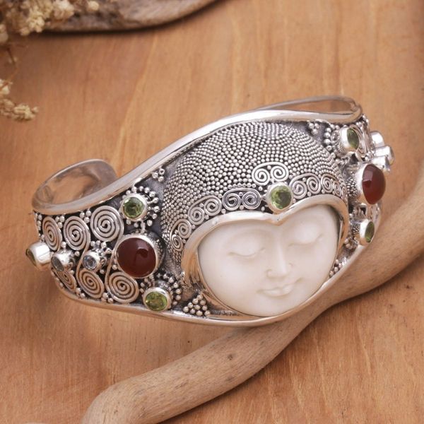 Alternate image for Hand Carved Bone, Silver, and Gemstone Cuff Bracelet Moon Empress