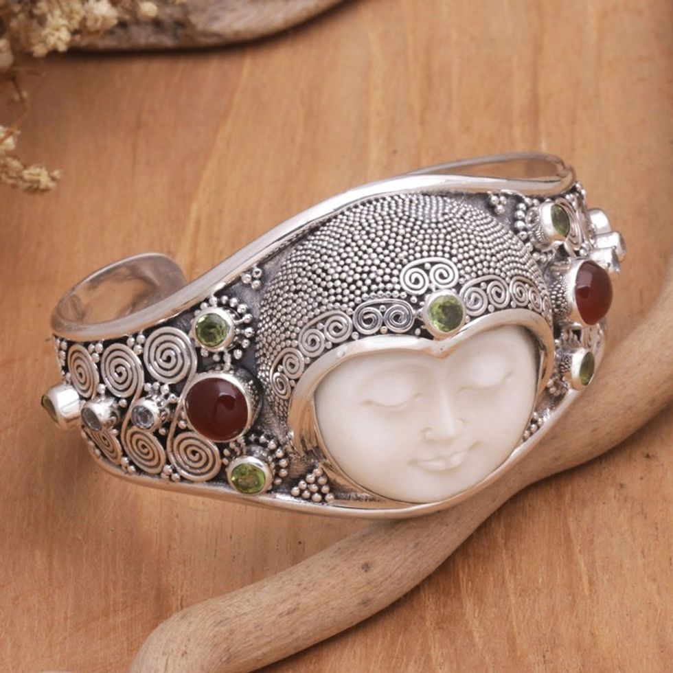 Hand Carved Bone, Silver, and Gemstone Cuff Bracelet 'Moon Empress'