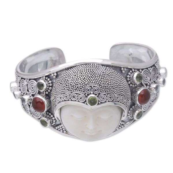 Alternate image for Hand Carved Bone, Silver, and Gemstone Cuff Bracelet Moon Empress