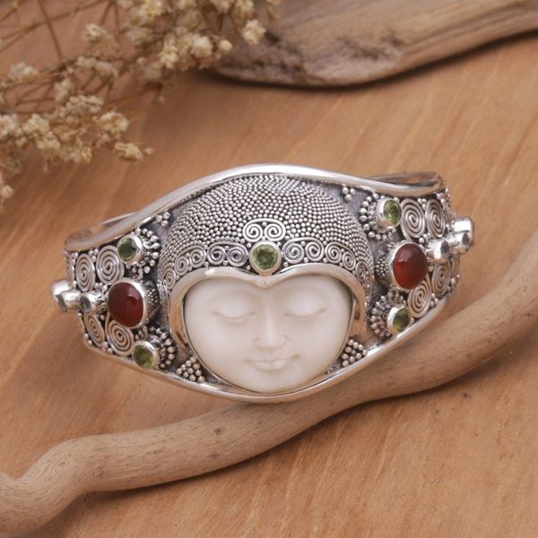 Alternate image for Hand Carved Bone, Silver, and Gemstone Cuff Bracelet Moon Empress