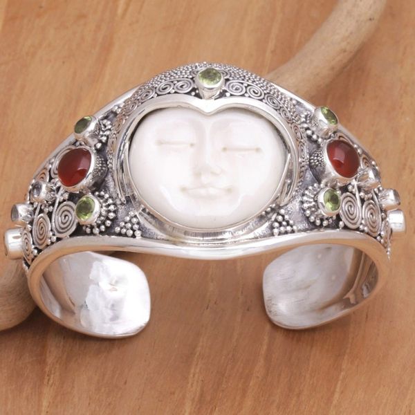 Alternate image for Hand Carved Bone, Silver, and Gemstone Cuff Bracelet Moon Empress