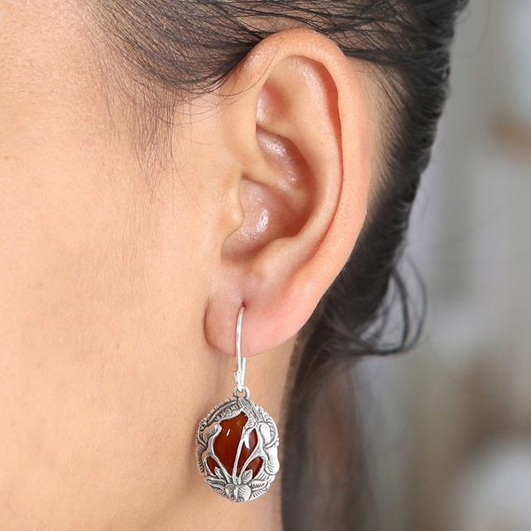 Alternate image for Carnelian and 925 Silver Floral Dangle Earrings from Bali Floral Plains