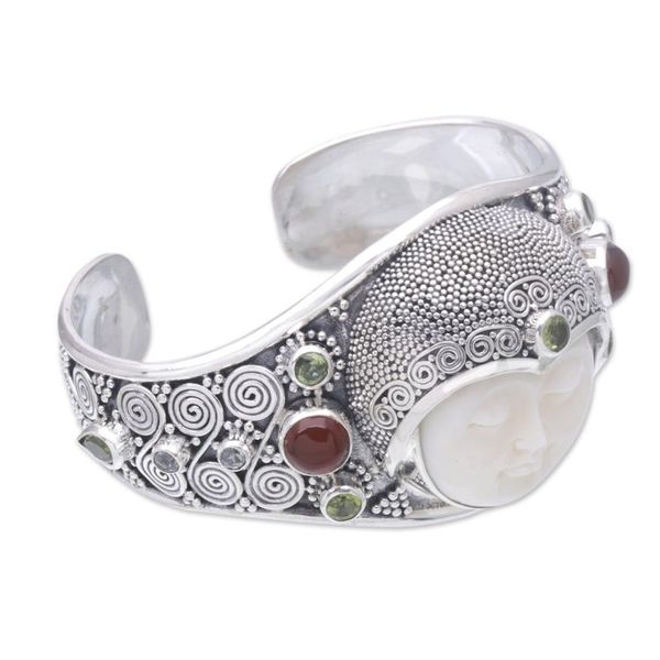 Alternate image for Hand Carved Bone, Silver, and Gemstone Cuff Bracelet Moon Empress