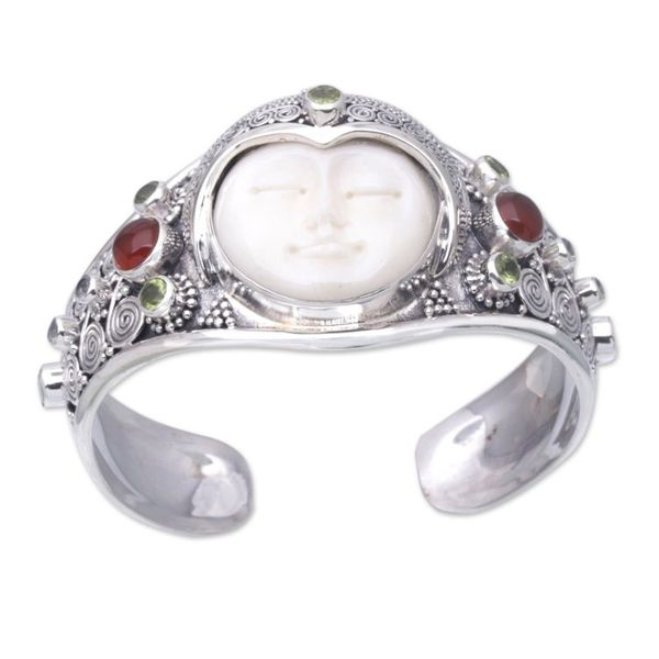 Alternate image for Hand Carved Bone, Silver, and Gemstone Cuff Bracelet Moon Empress