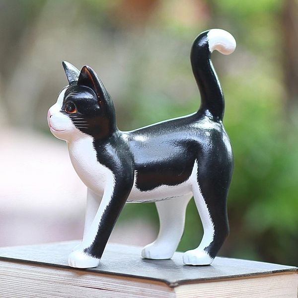 Alternate image for Balinese Signed Hand-Carved Tuxedo Cat Sculpture Curious Tuxedo Cat