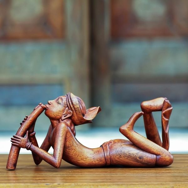 Alternate image for Hand Carved Wooden Statuette of Balinese Flute Player The Flute Player