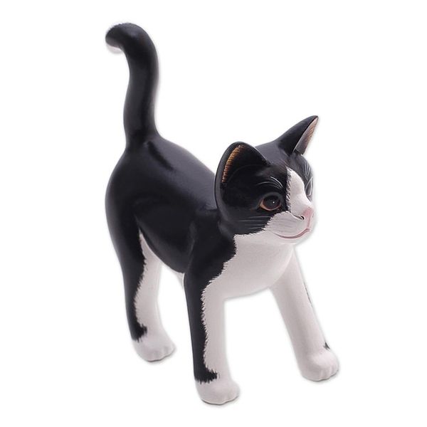 Alternate image for Balinese Signed Hand-Carved Tuxedo Cat Sculpture Curious Tuxedo Cat