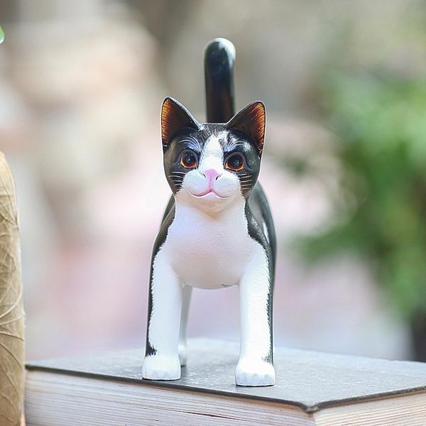 Alternate image for Balinese Signed Hand-Carved Tuxedo Cat Sculpture Curious Tuxedo Cat