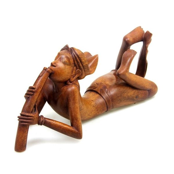 Alternate image for Hand Carved Wooden Statuette of Balinese Flute Player The Flute Player