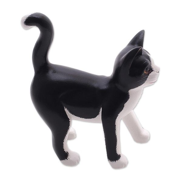 Alternate image for Balinese Signed Hand-Carved Tuxedo Cat Sculpture Curious Tuxedo Cat