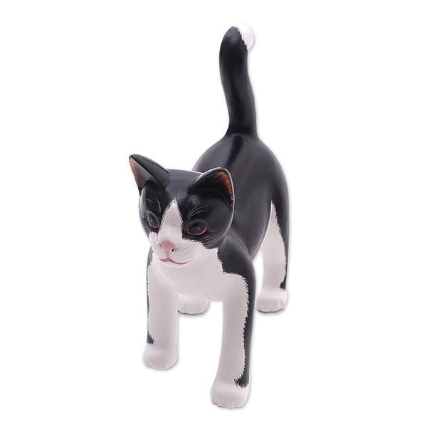 Alternate image for Balinese Signed Hand-Carved Tuxedo Cat Sculpture Curious Tuxedo Cat