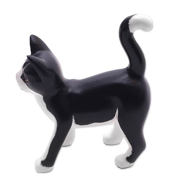 Alternate image for Balinese Signed Hand-Carved Tuxedo Cat Sculpture Curious Tuxedo Cat