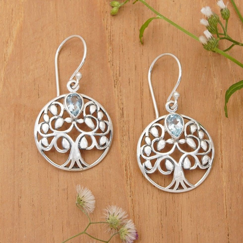 Handmade 925 Sterling Silver Blue Topaz Dangle Earrings 'Full of Blessings'