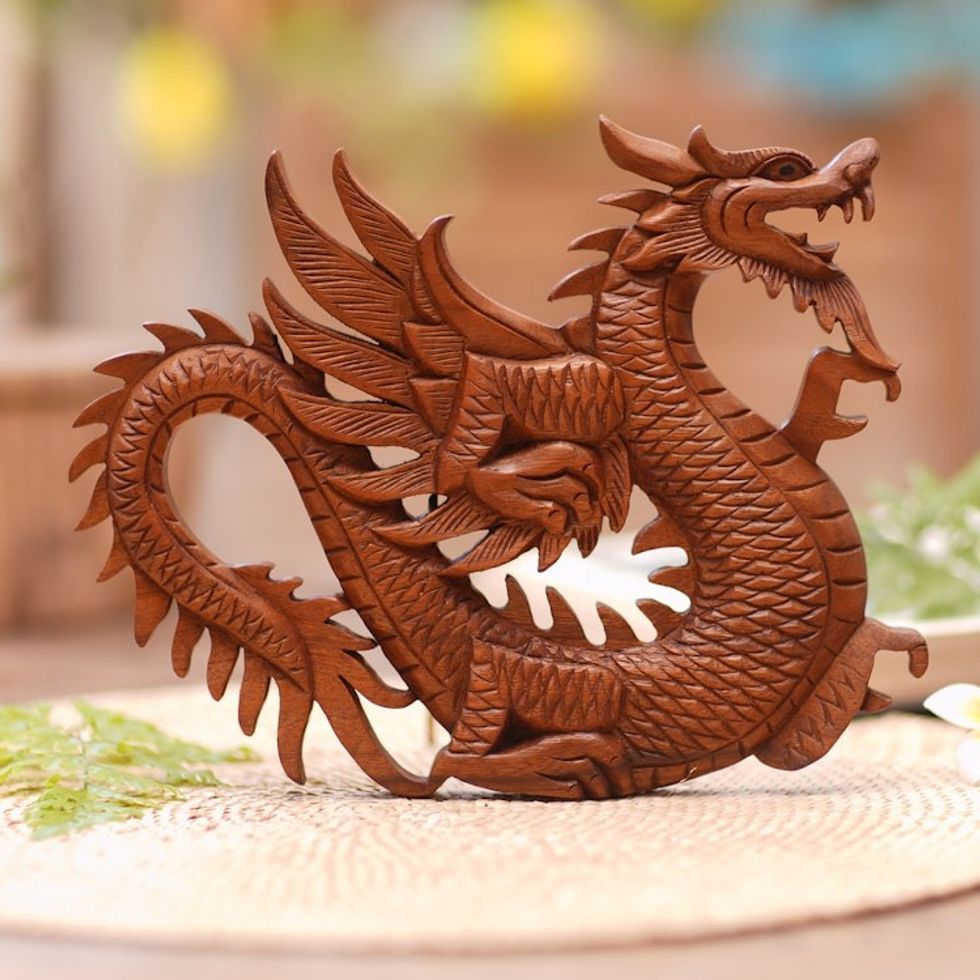 Artisan Crafted Wood Relief Panel 'Winged Dragon Figure'