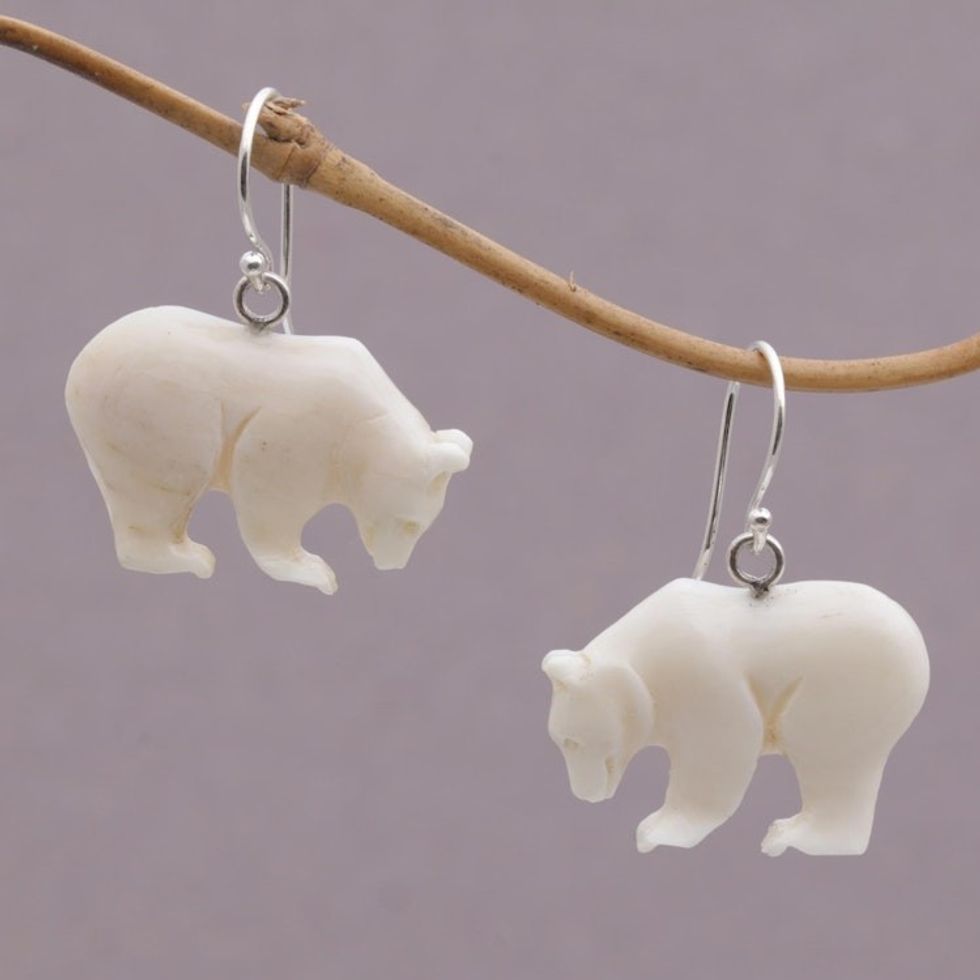 Handcrafted Bone Grizzly Bear Dangle Earrings from Bali 'Grizzly Brothers'